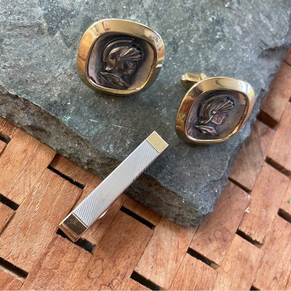 Swank Gold and Silver Roman Warrior Cufflinks & Tie Clip sold as set Vintage